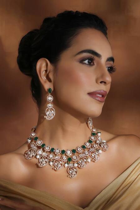 Shop_Swabhimann_Green Stones, Piping Rose Gold Polki And Necklace Set _Online_at_Aza_Fashions
