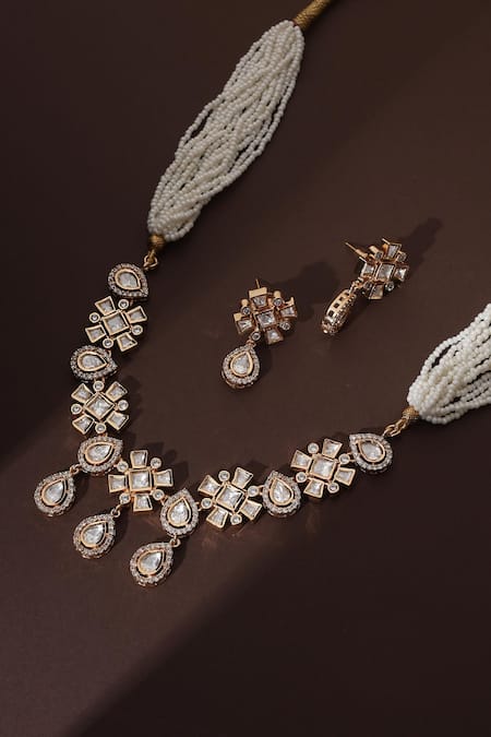 Swabhimann_White Pearls, Piping Floral Polki Multistrand Necklace Set _Online_at_Aza_Fashions