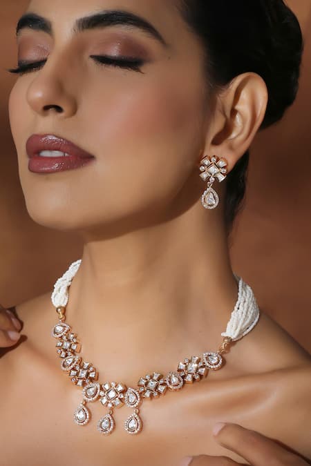 Buy_Swabhimann_White Pearls, Piping Floral Polki Multistrand Necklace Set _Online_at_Aza_Fashions