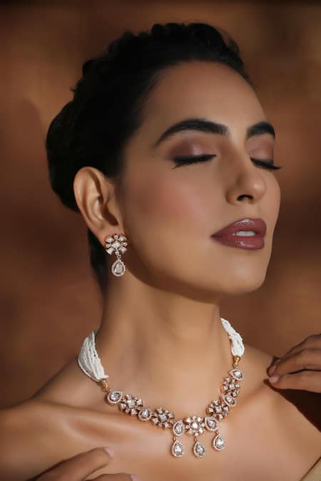 Shop_Swabhimann_White Pearls, Piping Floral Polki Multistrand Necklace Set _Online_at_Aza_Fashions
