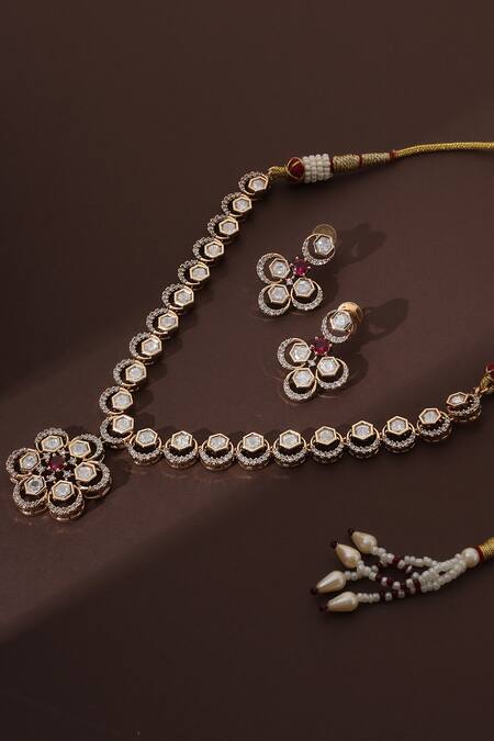 Swabhimann_Red Pearls, Stones, Rhinestones Floral Polki Necklace Set _Online_at_Aza_Fashions