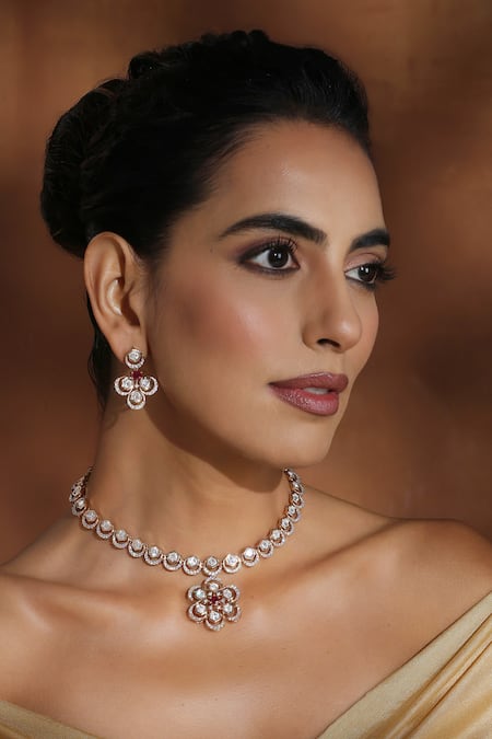 Buy_Swabhimann_Red Pearls, Stones, Rhinestones Floral Polki Necklace Set _Online_at_Aza_Fashions