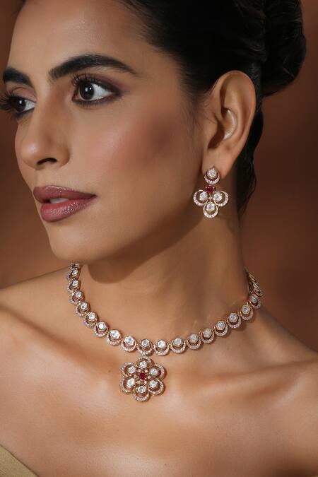 Shop_Swabhimann_Red Pearls, Stones, Rhinestones Floral Polki Necklace Set _Online_at_Aza_Fashions