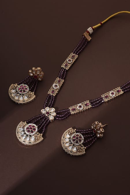 Swabhimann_Purple Beads, Zari Polki Beaded Necklace Set _Online_at_Aza_Fashions