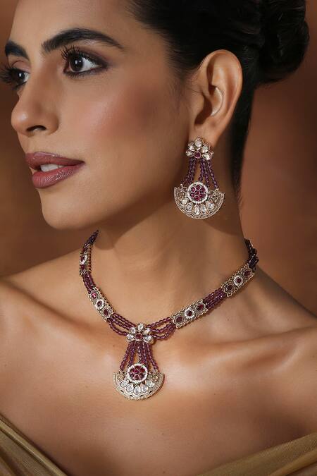 Buy_Swabhimann_Purple Beads, Zari Polki Beaded Necklace Set _Online_at_Aza_Fashions