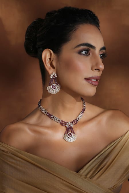 Shop_Swabhimann_Purple Beads, Zari Polki Beaded Necklace Set _Online_at_Aza_Fashions