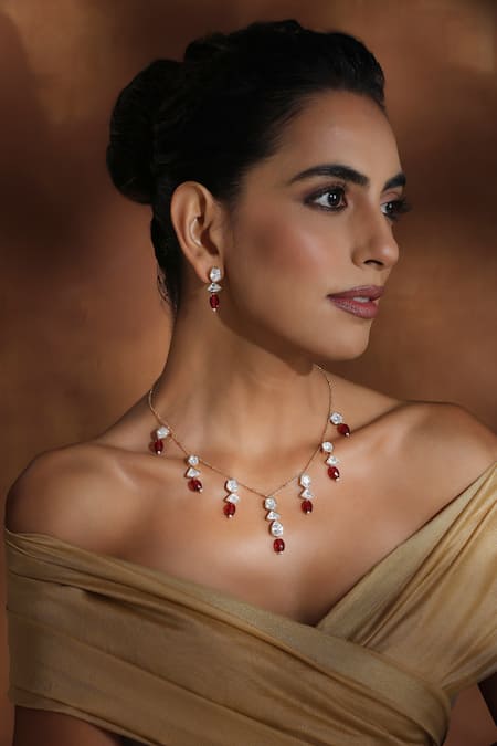 Buy_Swabhimann_Red Zari Polki Embellished Stone Necklace Set _Online_at_Aza_Fashions