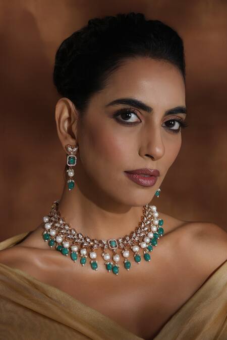 Swabhimann_Green Stones, Zari Rose Gold Polki Necklace Set _Online_at_Aza_Fashions