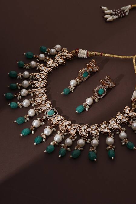 Buy_Swabhimann_Green Stones, Zari Rose Gold Polki Necklace Set _Online_at_Aza_Fashions