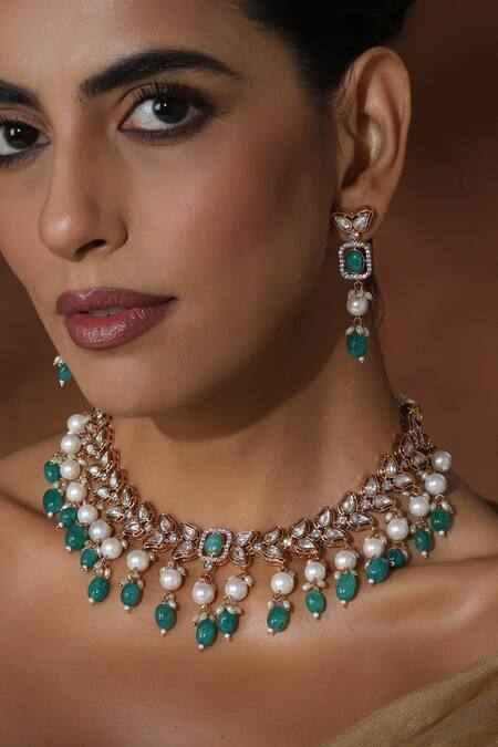 Shop_Swabhimann_Green Stones, Zari Rose Gold Polki Necklace Set _Online_at_Aza_Fashions