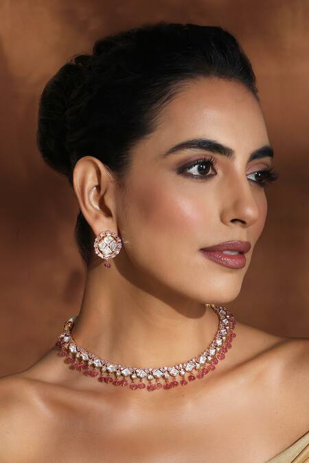 Swabhimann_Pink Diamonds, Stones Polki Embellished Necklace Set_Online_at_Aza_Fashions