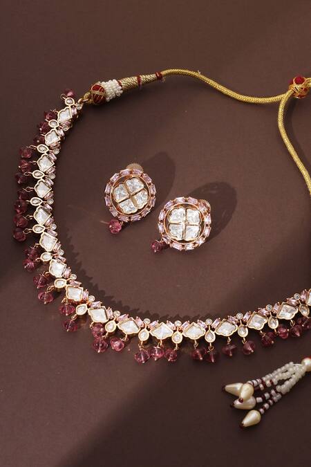 Buy_Swabhimann_Pink Diamonds, Stones Polki Embellished Necklace Set_Online_at_Aza_Fashions