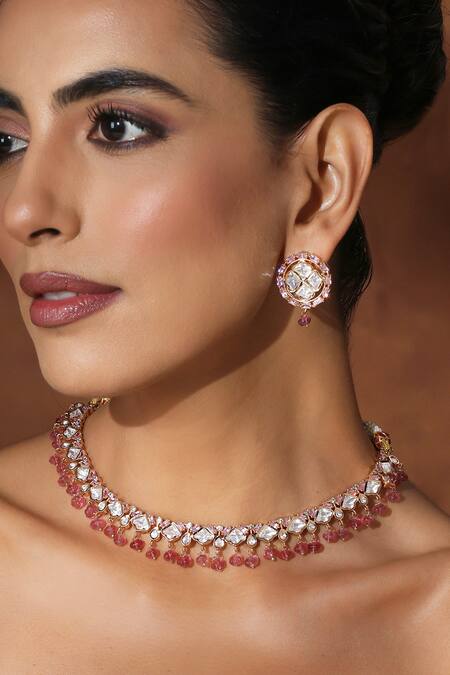 Shop_Swabhimann_Pink Diamonds, Stones Polki Embellished Necklace Set_Online_at_Aza_Fashions