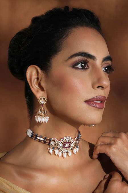 Swabhimann_Multi Color Zari, Pearls Polki Embellished Choker Necklace Set _Online_at_Aza_Fashions
