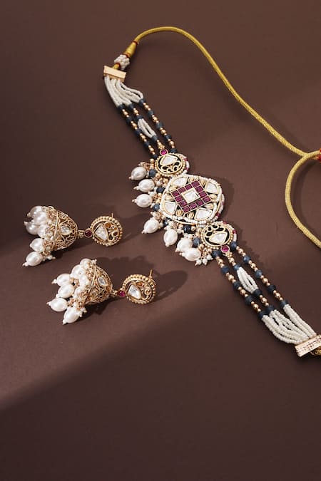 Buy_Swabhimann_Multi Color Zari, Pearls Polki Embellished Choker Necklace Set _Online_at_Aza_Fashions