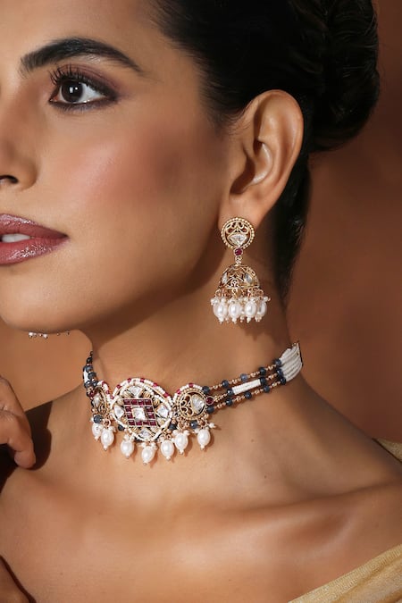 Shop_Swabhimann_Multi Color Zari, Pearls Polki Embellished Choker Necklace Set _Online_at_Aza_Fashions