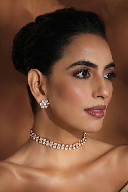 Swabhimann_Rose Gold Zari Polki Choker Necklace Set_Online_at_Aza_Fashions