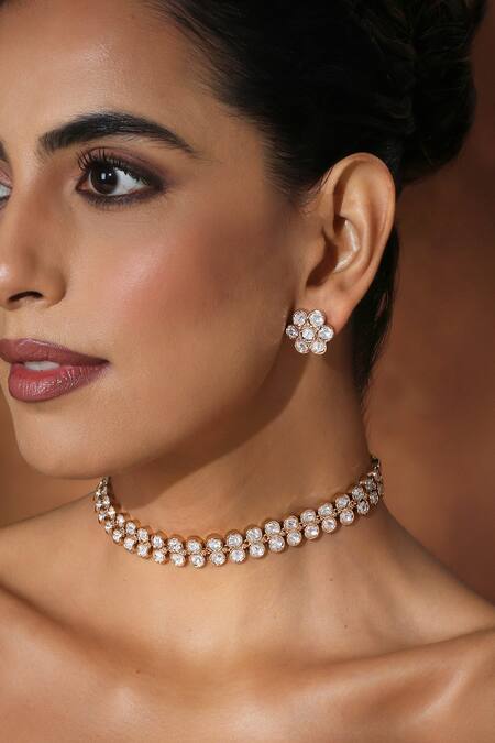 Buy_Swabhimann_Rose Gold Zari Polki Choker Necklace Set_Online_at_Aza_Fashions