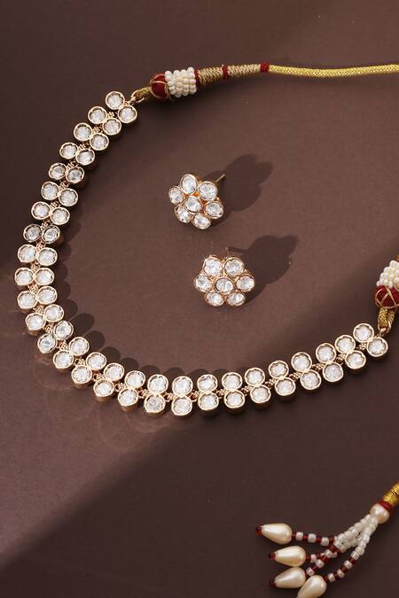 Shop_Swabhimann_Rose Gold Zari Polki Choker Necklace Set_Online_at_Aza_Fashions