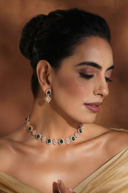 Swabhimann_Green Crystals Cubic Zirconia Stone Necklace Set _Online_at_Aza_Fashions