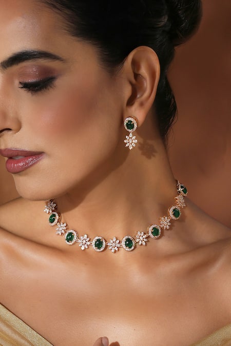 Buy_Swabhimann_Green Crystals Cubic Zirconia Stone Necklace Set _Online_at_Aza_Fashions