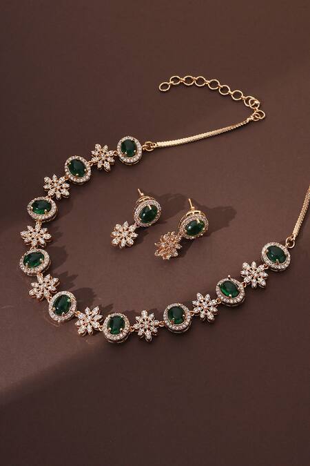 Shop_Swabhimann_Green Crystals Cubic Zirconia Stone Necklace Set _Online_at_Aza_Fashions
