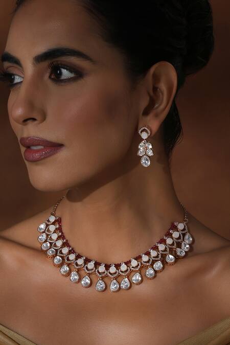 Buy_Swabhimann_Red Beads, Zari Polki And Embellished Necklace Set _Online_at_Aza_Fashions