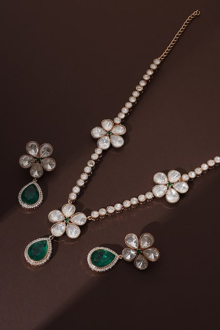 Swabhimann_Green Stones, Piping Polki Floral Necklace Set _Online_at_Aza_Fashions
