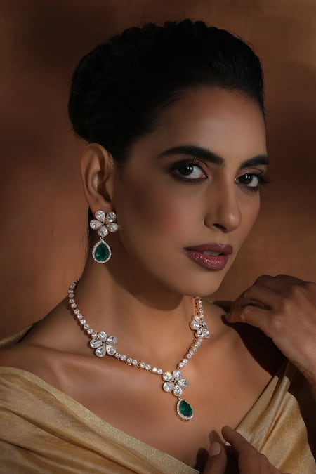 Buy_Swabhimann_Green Stones, Piping Polki Floral Necklace Set _Online_at_Aza_Fashions