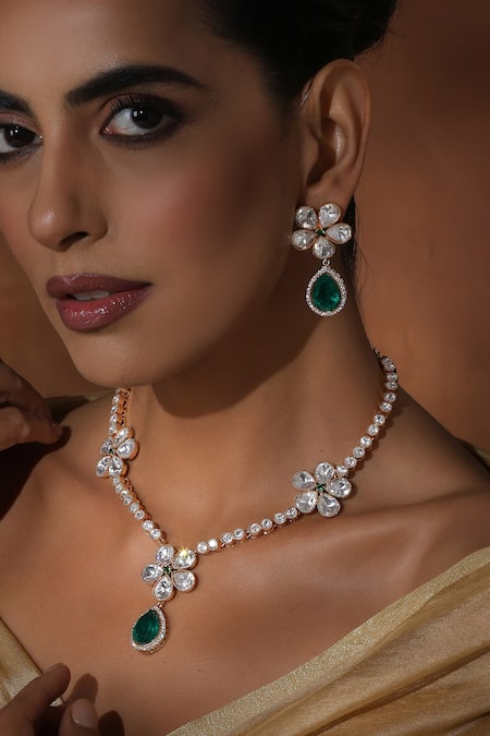Shop_Swabhimann_Green Stones, Piping Polki Floral Necklace Set _Online_at_Aza_Fashions