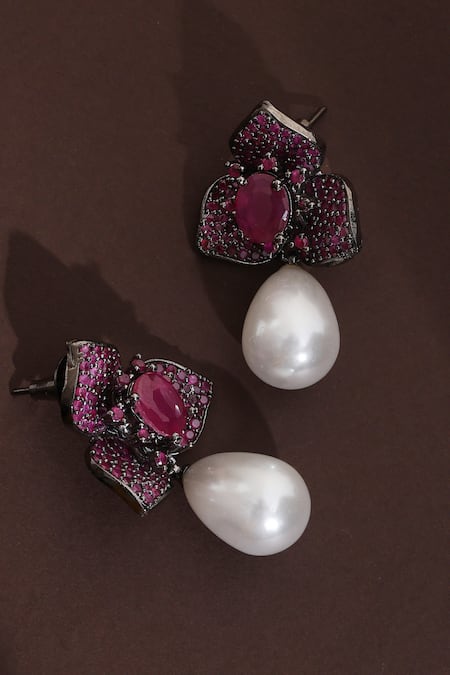 Swabhimann Cubic Zirconia Flower Drop Earrings 