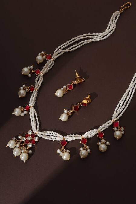 Swabhimann_Gold Plated Pearls, Beads Kundan Multi-string Necklace Set _Online_at_Aza_Fashions