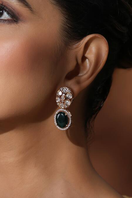 Shop_Swabhimann_Gold Plated Stones, Zari Polki Drop Earrings _Online_at_Aza_Fashions