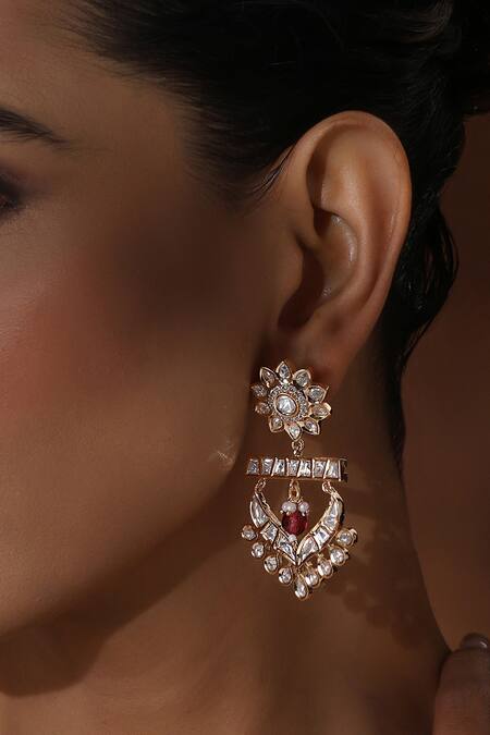 Swabhimann_Gold Plated Beads, Stones, Zari Floral Polki Chandbalis _Online_at_Aza_Fashions