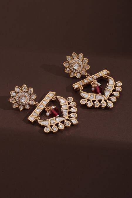 Shop_Swabhimann_Gold Plated Beads, Stones, Zari Floral Polki Chandbalis _Online_at_Aza_Fashions