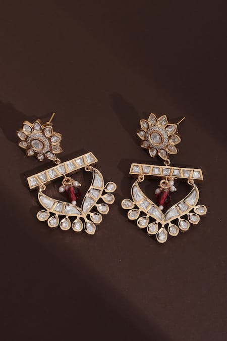Shop_Swabhimann_Gold Plated Beads, Stones, Zari Floral Polki Chandbalis _at_Aza_Fashions