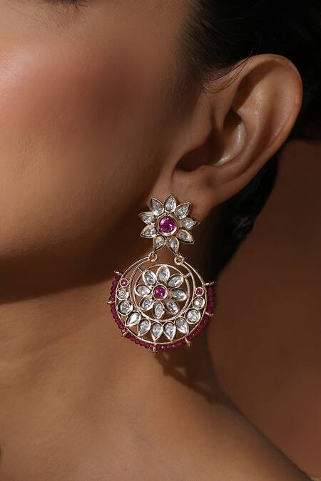 Buy_Swabhimann_Gold Plated Stones, Beads Floral Polki Chandbalis _Online_at_Aza_Fashions