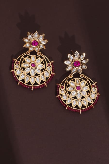 Shop_Swabhimann_Gold Plated Stones, Beads Floral Polki Chandbalis _at_Aza_Fashions