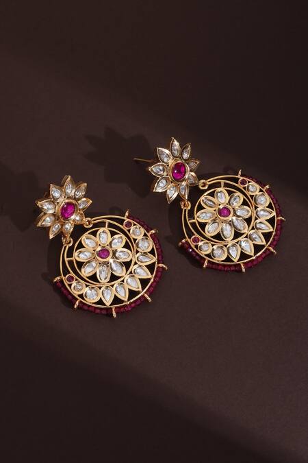 Shop_Swabhimann_Gold Plated Stones, Beads Floral Polki Chandbalis _Online_at_Aza_Fashions