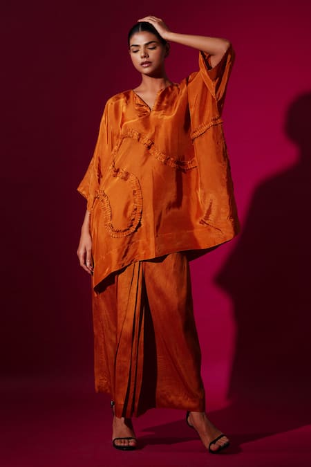 Shop_Stoique_Orange Silk Ruffles Open Neck Rust Detail Top 