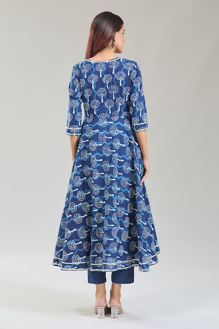 Shop_Samyukta Singhania_Blue Cotton, Organza Embroidery V-neck Bloom Handblock Anarkali Set _at_Aza_Fashions