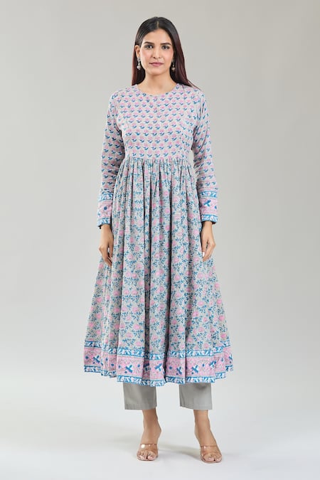 Buy Naintara Bajaj Blue Cotton, Chiffon Embroidery Round Neck Phool Handblock Print Anarkali Set Online at Aza Fashions Buy_Naintara Bajaj_Blue Cotton, Chiffon Embroidery Round Neck Phool Handblock Print Anarkali Set _Online_at_Aza_Fashions