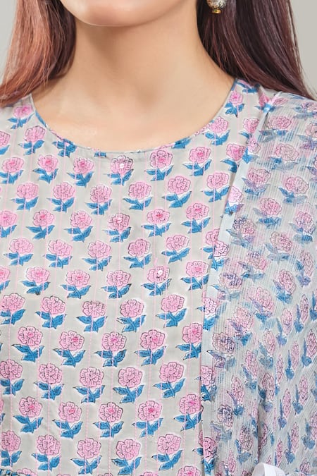 Naintara Bajaj Blue Cotton, Chiffon Embroidery Round Neck Phool Handblock Print Anarkali Set at Aza Fashions Naintara Bajaj_Blue Cotton, Chiffon Embroidery Round Neck Phool Handblock Print Anarkali Set _at_Aza_Fashions