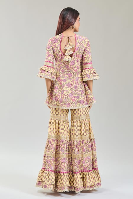 Shop Naintara Bajaj Yellow Cotton, Chiffon Embroidery, Lace Gul Handblock Print Kurta Sharara Set at Aza Fashions Shop_Naintara Bajaj_Yellow Cotton, Chiffon Embroidery, Lace Gul Handblock Print Kurta Sharara Set _at_Aza_Fashions