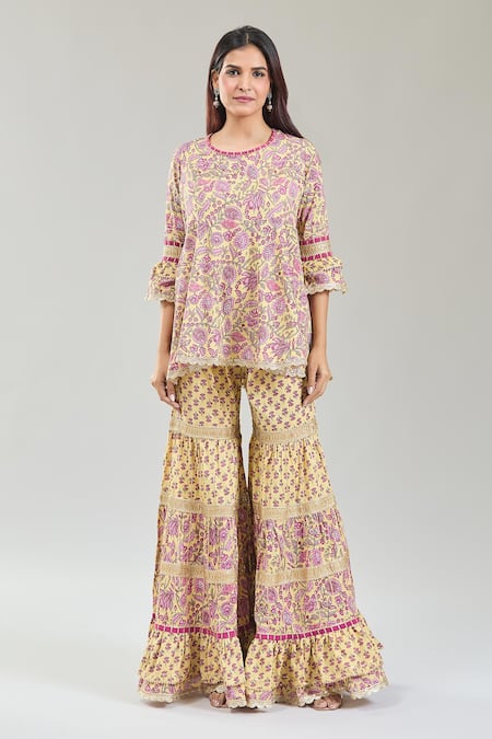 Naintara Bajaj Yellow Cotton, Chiffon Embroidery, Lace Gul Handblock Print Kurta Sharara Set Online at Aza Fashions Naintara Bajaj_Yellow Cotton, Chiffon Embroidery, Lace Gul Handblock Print Kurta Sharara Set _Online_at_Aza_Fashions