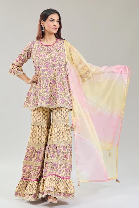 Shop Naintara Bajaj Yellow Cotton, Chiffon Embroidery, Lace Gul Handblock Print Kurta Sharara Set Online at Aza Fashions Shop_Naintara Bajaj_Yellow Cotton, Chiffon Embroidery, Lace Gul Handblock Print Kurta Sharara Set _Online_at_Aza_Fashions