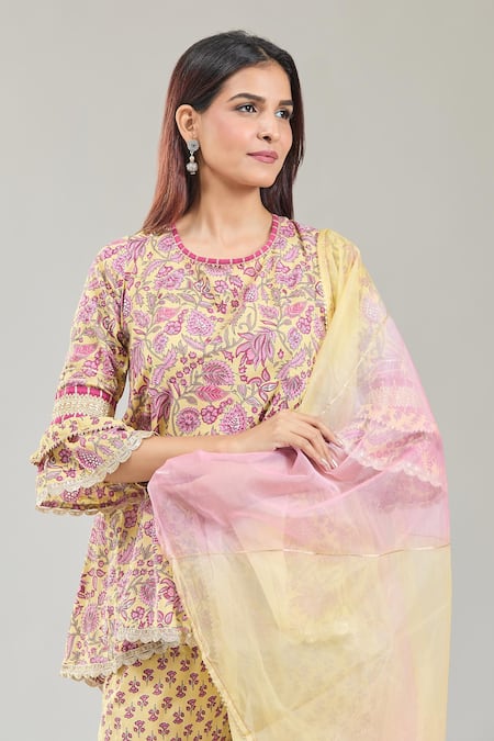 Naintara Bajaj Yellow Cotton, Chiffon Embroidery, Lace Gul Handblock Print Kurta Sharara Set at Aza Fashions Naintara Bajaj_Yellow Cotton, Chiffon Embroidery, Lace Gul Handblock Print Kurta Sharara Set _at_Aza_Fashions
