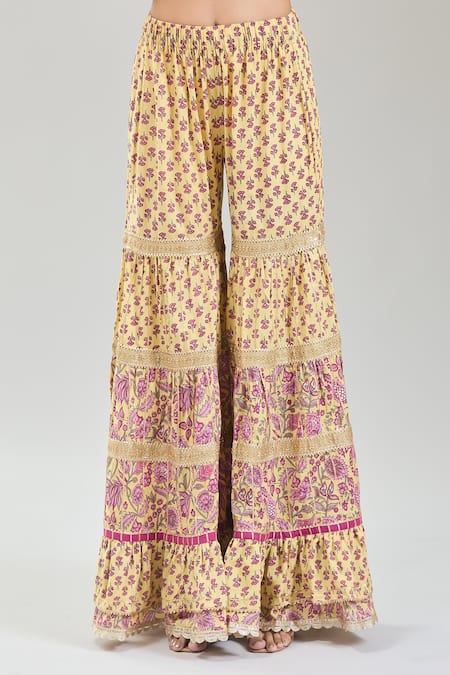 Buy Naintara Bajaj Yellow Cotton, Chiffon Embroidery, Lace Gul Handblock Print Kurta Sharara Set Buy_Naintara Bajaj_Yellow Cotton, Chiffon Embroidery, Lace Gul Handblock Print Kurta Sharara Set