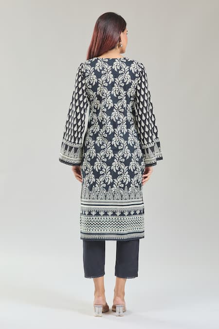 Shop_Samyukta Singhania_Black Cotton, Chiffon Embroidery Round Neck Gullista Handblock Print Kurta Set _at_Aza_Fashions