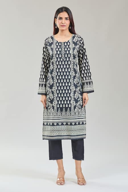 Buy_Samyukta Singhania_Black Cotton, Chiffon Embroidery Round Neck Gullista Handblock Print Kurta Set _Online_at_Aza_Fashions